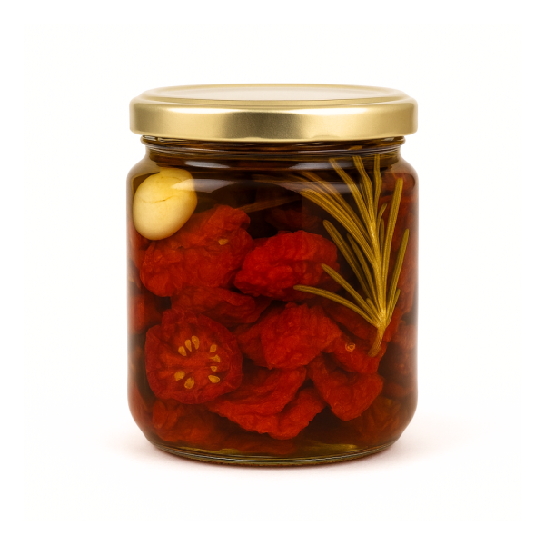 Getrocknete Tomaten, mit Rosmarin und Knoblauch in Olivenöl